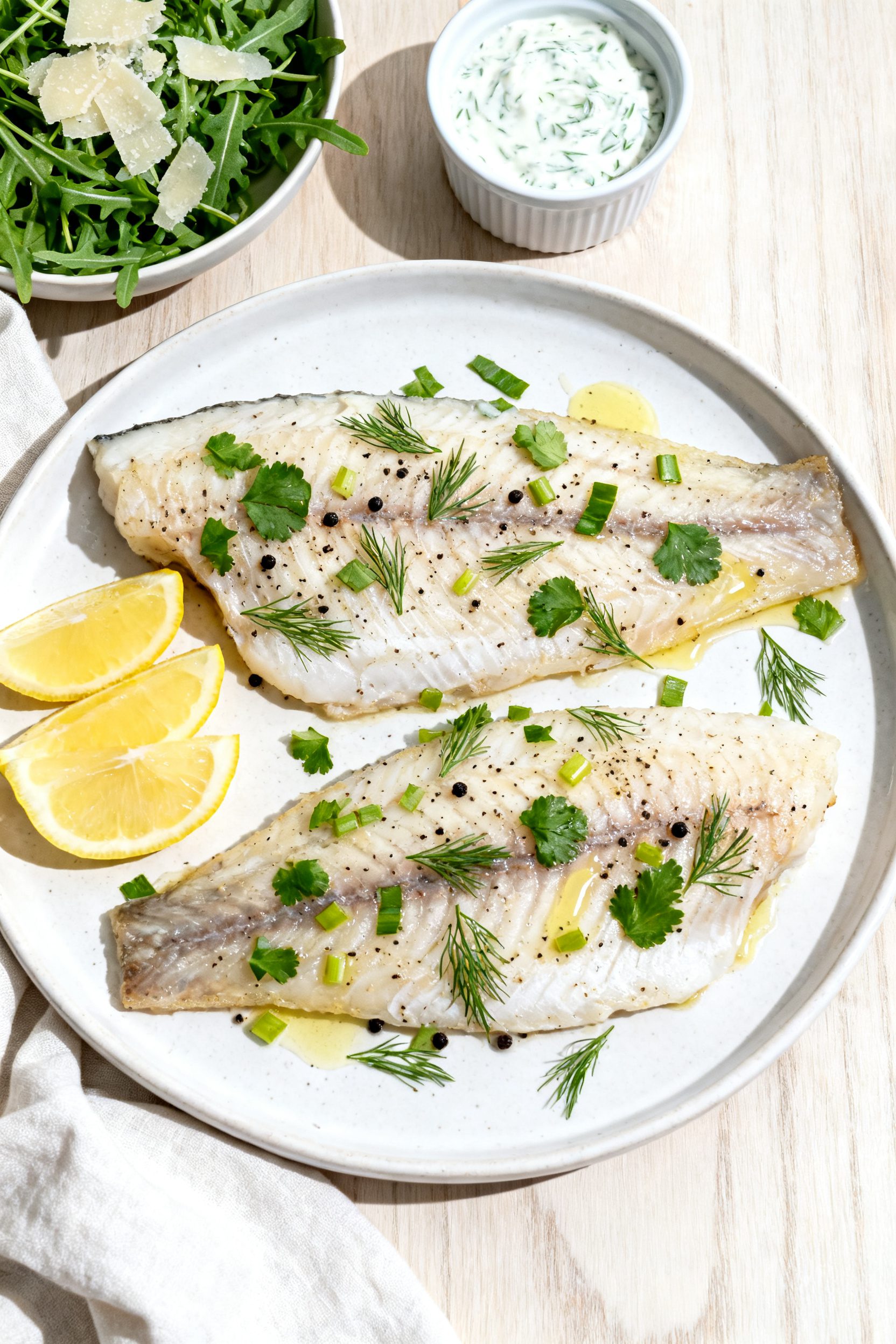 Tasty top view: Overhead shot of two tilapia fillets plated on a white ceramic plate with a sprinkle