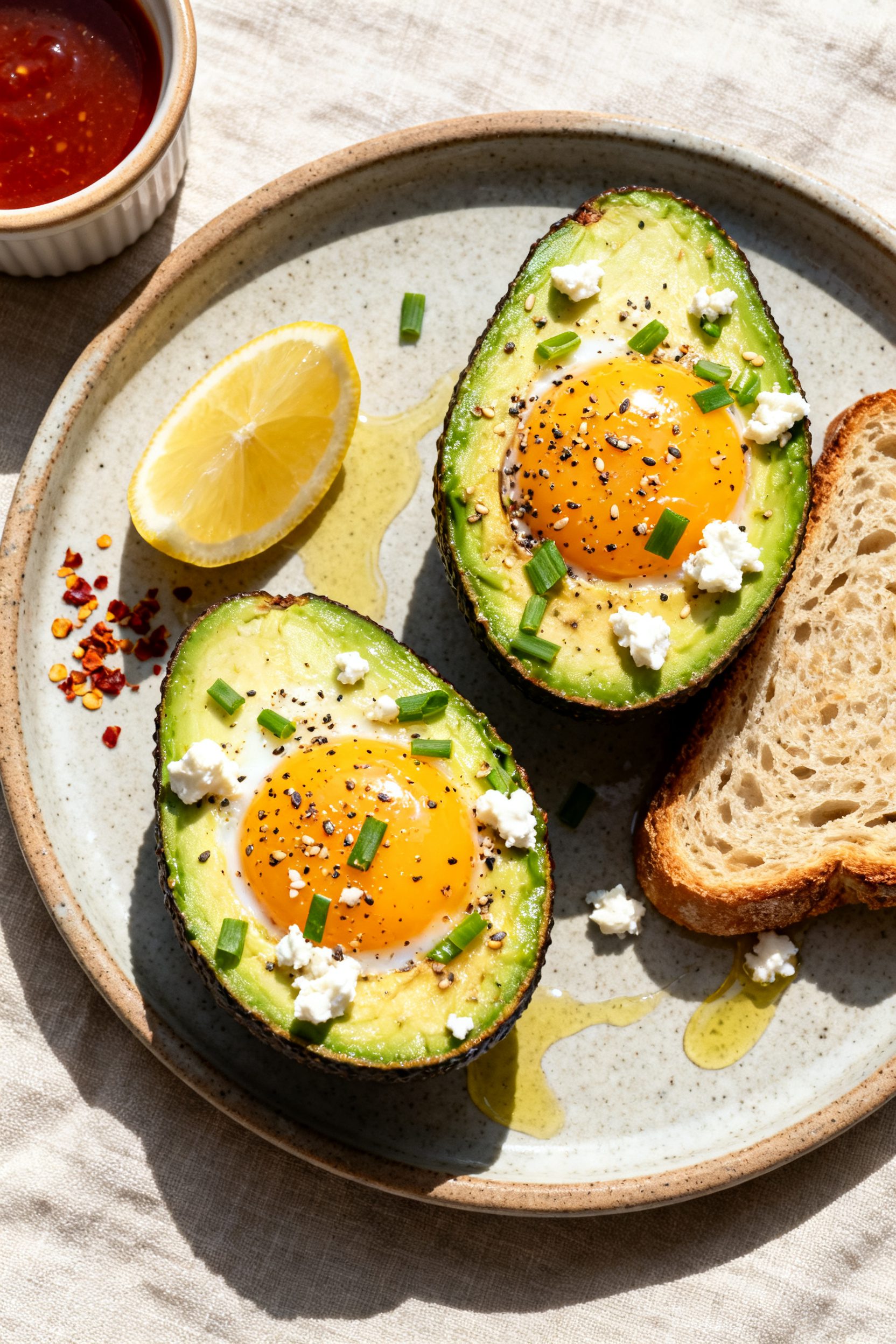 Tasty top view, overhead shot: Overhead of finished Air Fryer Egg in Avocado on a stoneware plate, y