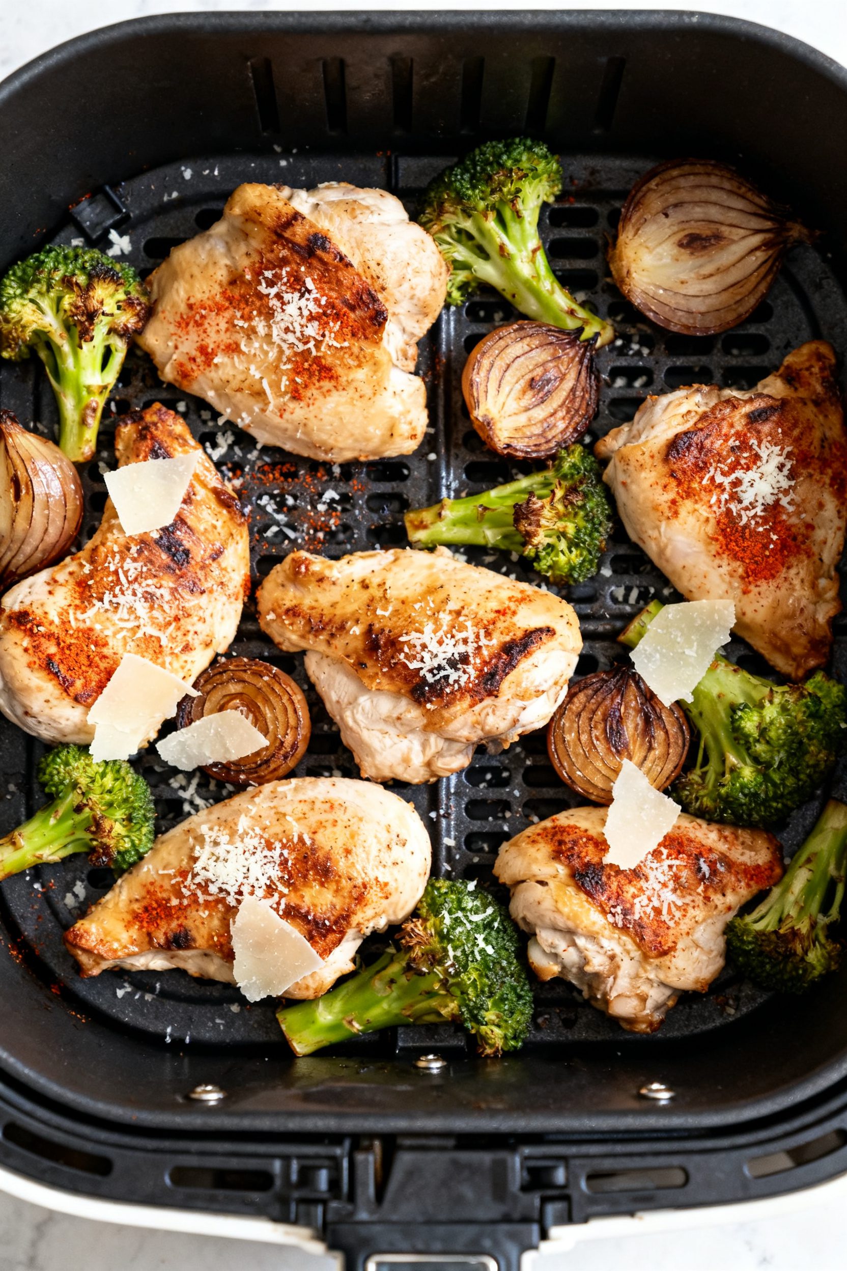 Tasty top-view process shot: Overhead shot of the air fryer basket mid-cook after the shake/flip—c