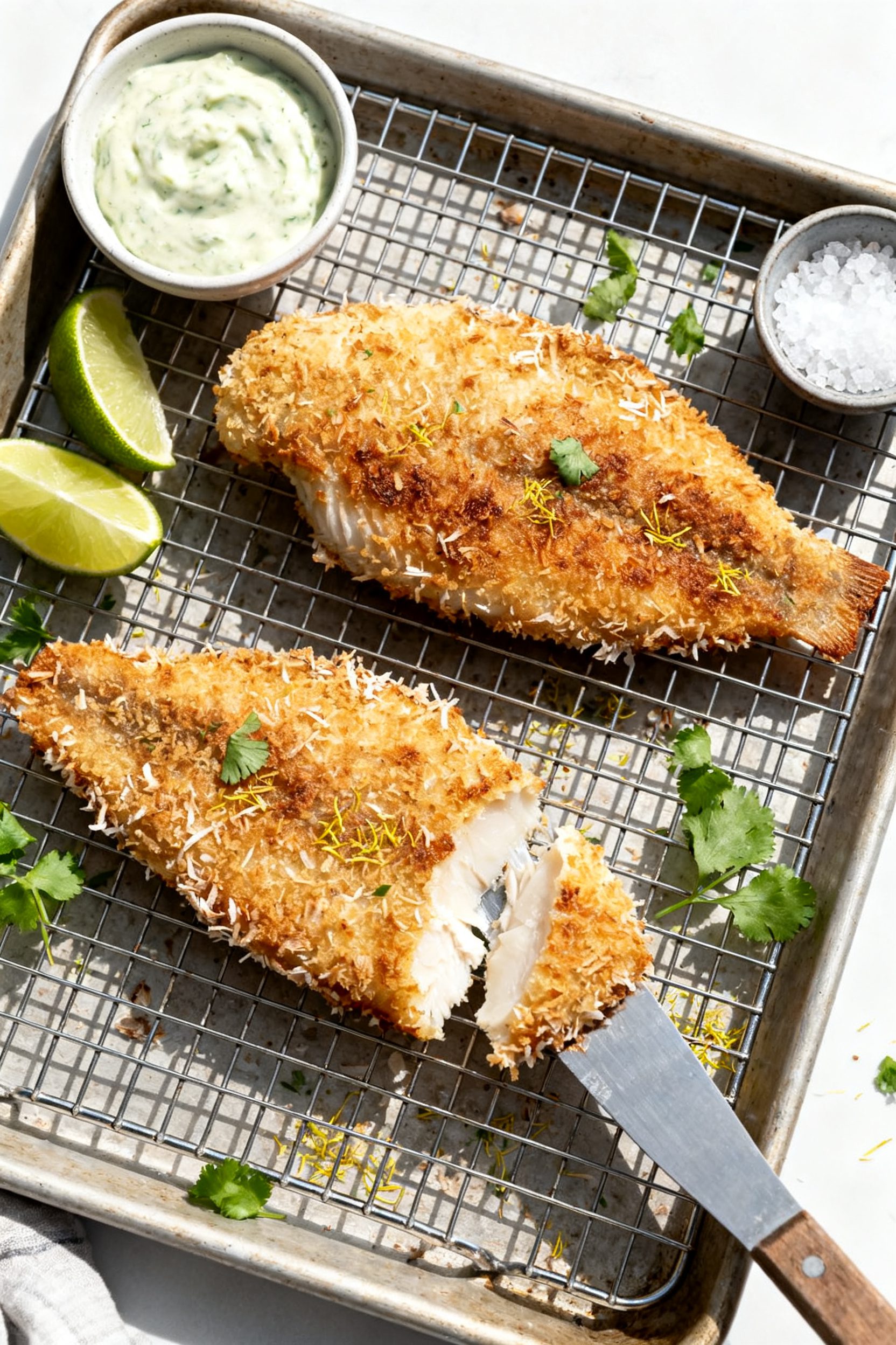 Tasty top view process-to-serve: Overhead shot of two coconut-crusted tilapia fillets on a wire rack