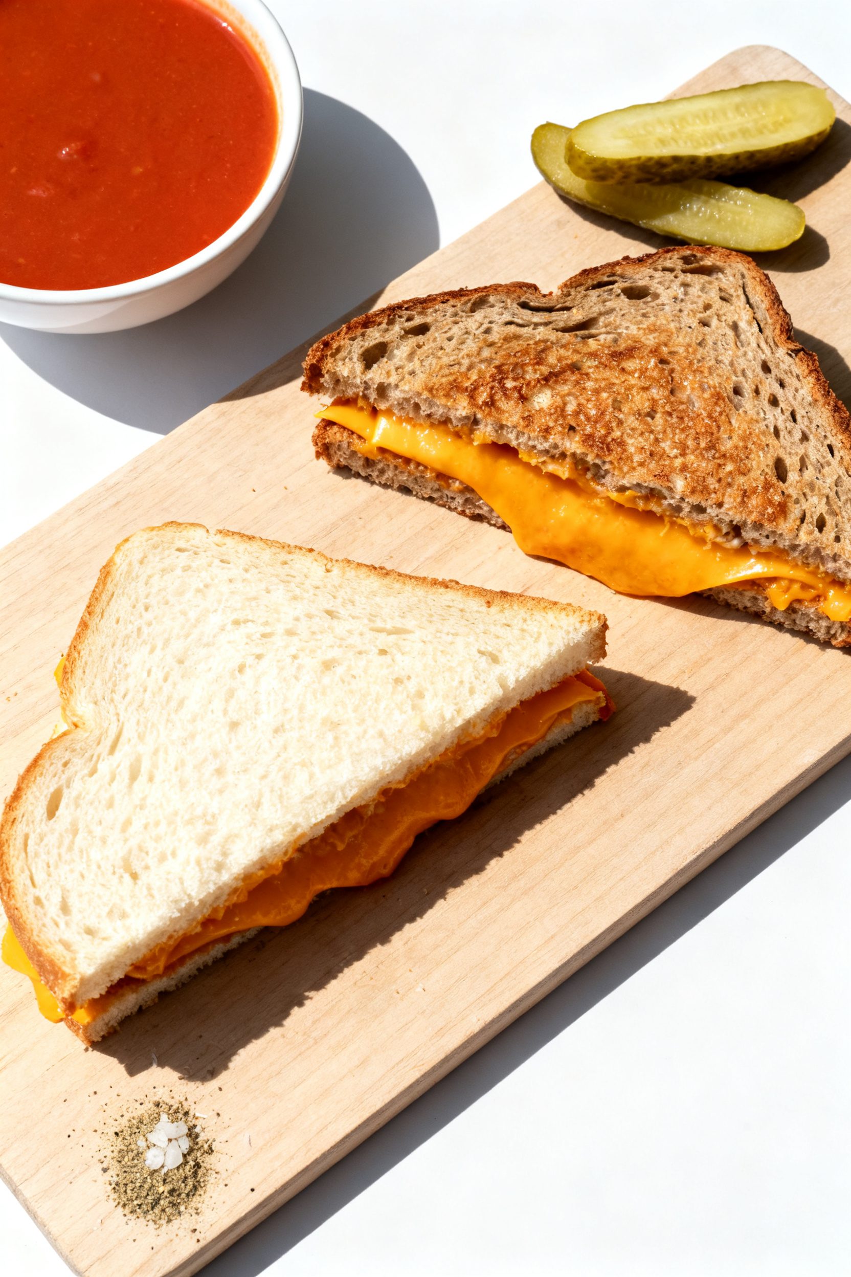 Tasty top-view spread: Overhead shot of two variations on a board—Classic American on soft white b