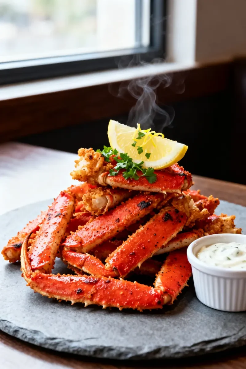 Air fryer crab legs seasoned and cooked until tender, served with lemon wedges, fresh parsley, and a creamy dipping sauce on a stone serving platter.