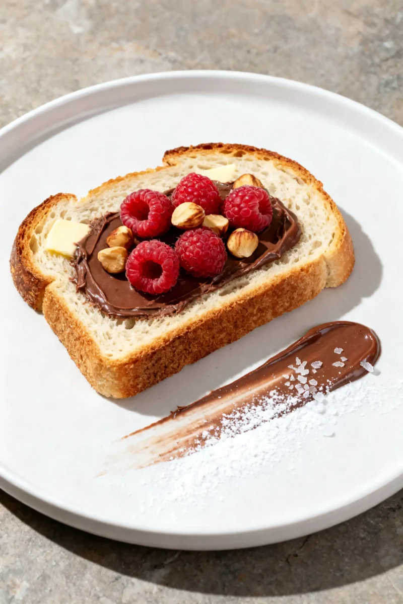 Air fryer Nutella toast topped with rich chocolate hazelnut spread, fresh raspberries, crunchy hazelnuts, and a dusting of powdered sugar, served on thick toasted bread as a sweet breakfast or snack.