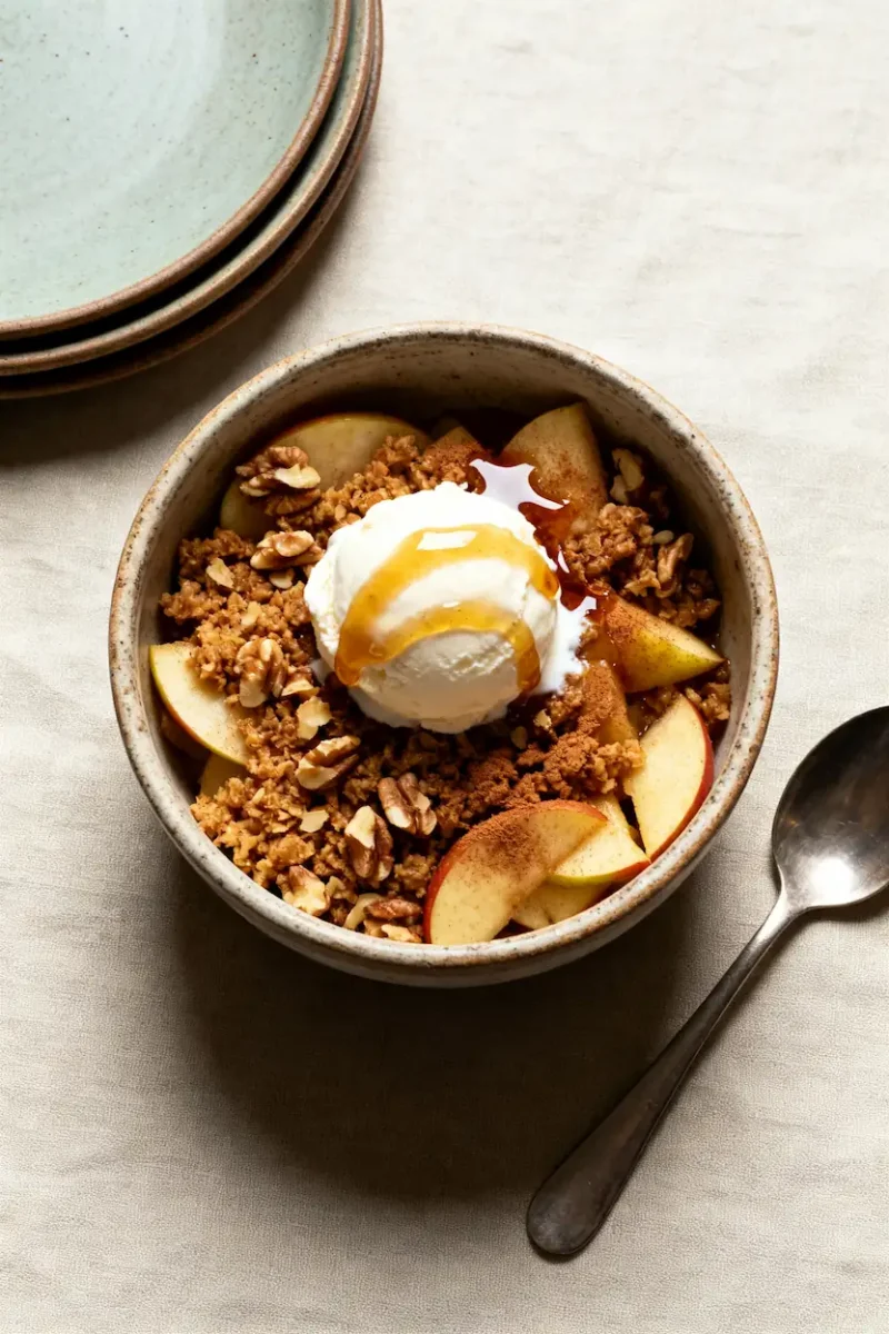 Air fryer apple crisp with tender cinnamon apples, crunchy oat crumble topping, chopped pecans, a scoop of vanilla ice cream, and caramel drizzle served in a rustic bowl.