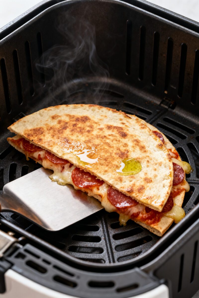Air fryer pizza quesadilla with melted mozzarella cheese, pepperoni slices, and crispy golden tortillas