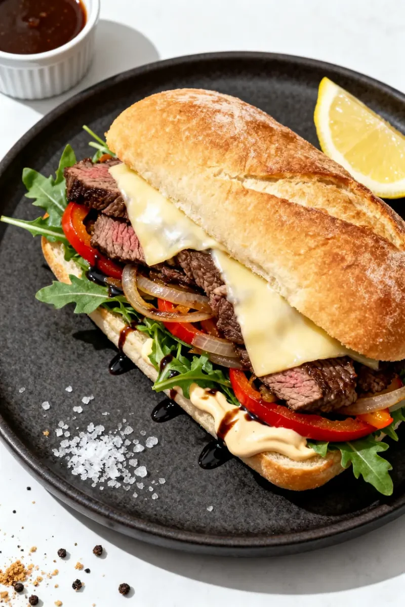 Air fryer steak sandwich with sliced beef, melted cheese, caramelized onions, red bell peppers, arugula, and creamy sauce on a crusty toasted roll.