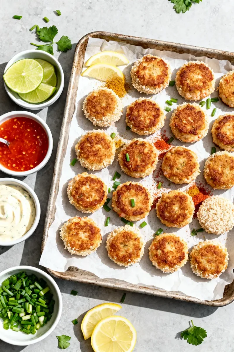 Air fryer crab cakes with a crispy golden crust, arranged on a baking tray and served with lemon wedges, fresh herbs, and a variety of dipping sauces.