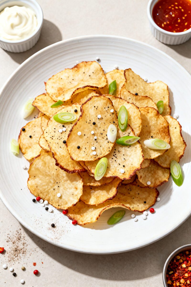 Air fryer potato chips with thin crispy slices, seasoned with black pepper, sea salt, and green onions, served with dipping sauces as a crunchy homemade snack.