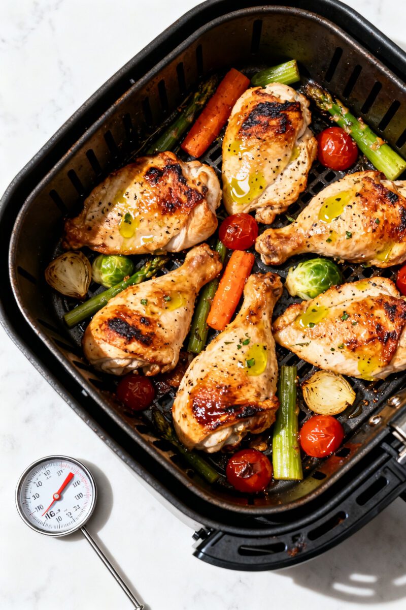 Air fryer chicken and vegetables with juicy roasted chicken pieces, asparagus, carrots, Brussels sprouts, onions, and cherry tomatoes, cooked together in one basket for an easy weeknight dinner.