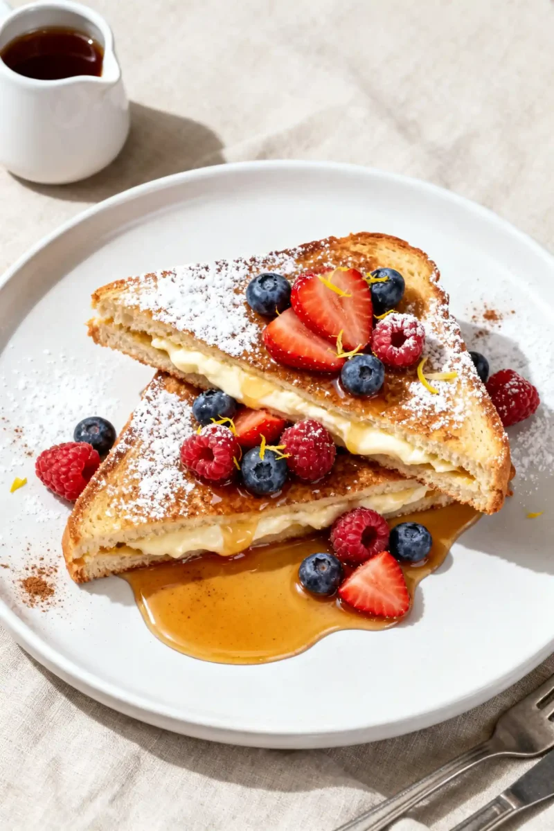 Air fryer stuffed French toast with golden crispy bread, creamy sweet filling, fresh strawberries, blueberries, raspberries, powdered sugar, and maple syrup, served as an indulgent breakfast treat.
