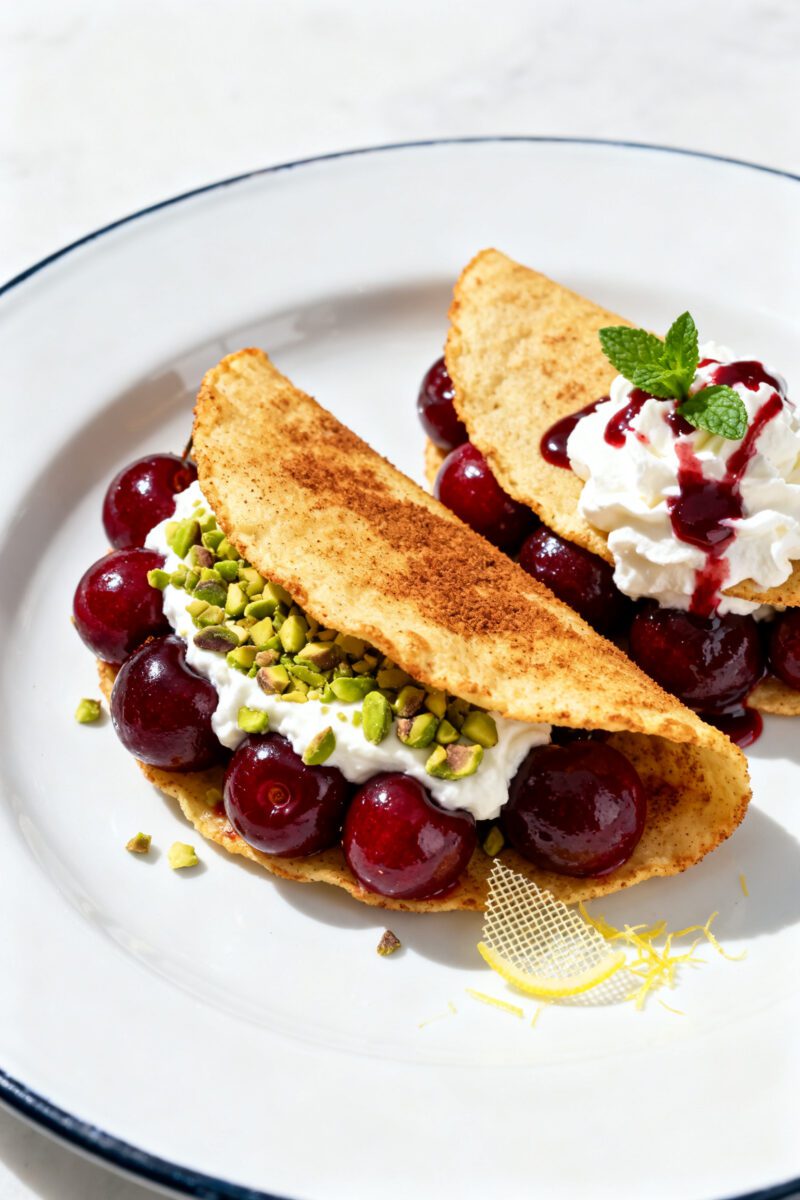 Air fryer cherry dessert tacos with crispy cinnamon sugar taco shells, fresh cherries, whipped cream, chopped pistachios, and cherry sauce, served as a sweet and elegant dessert.