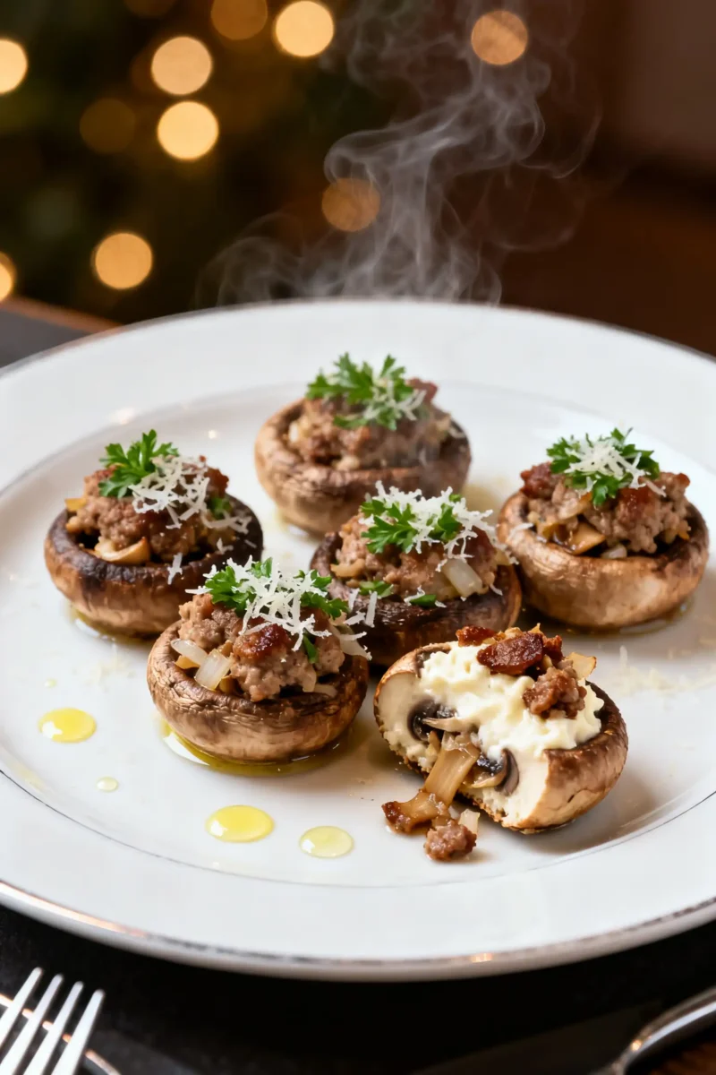 Air fryer stuffed mushrooms filled with sausage, onions, and mushrooms, topped with grated parmesan and fresh parsley, served hot on a white plate.
