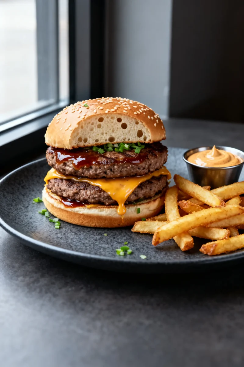 Air fryer double cheeseburger with two juicy beef patties, melted cheddar cheese, barbecue sauce, and green onions on a toasted sesame seed bun, served with crispy fries and dipping sauce.