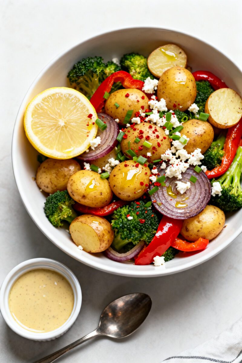 Air fryer vegetable bowl with roasted baby potatoes, broccoli, red bell peppers, red onion, crumbled feta cheese, fresh chives, lemon, and a creamy dressing, served as a colorful and healthy meal.