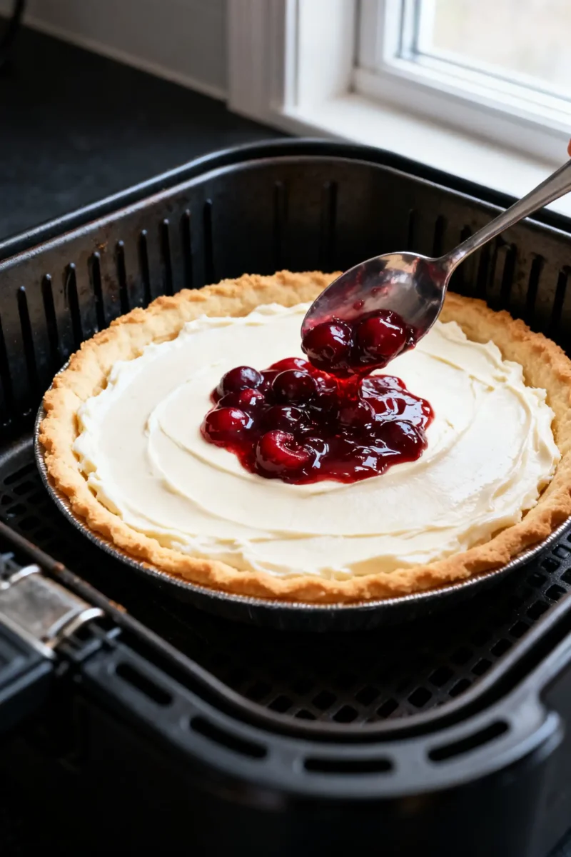 Air fryer cherry pizza with a golden baked crust topped with creamy cheese, sweet cherry topping, and glossy cherry sauce, being finished inside an air fryer basket.