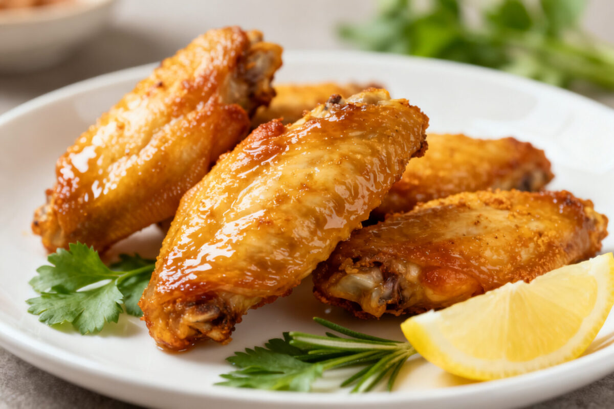 Air fryer low carb chicken wings with crispy golden skin, juicy tender meat, fresh rosemary, parsley, and lemon wedges, served as a flavorful keto friendly appetizer or dinner.