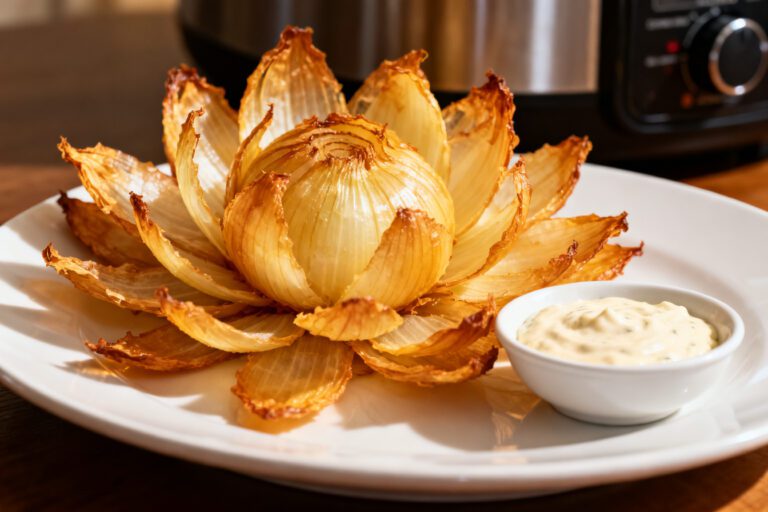 Air fryer homemade blooming onion with crispy golden onion petals, tender center, and a creamy dipping sauce, served as a lighter version of the classic restaurant appetizer.