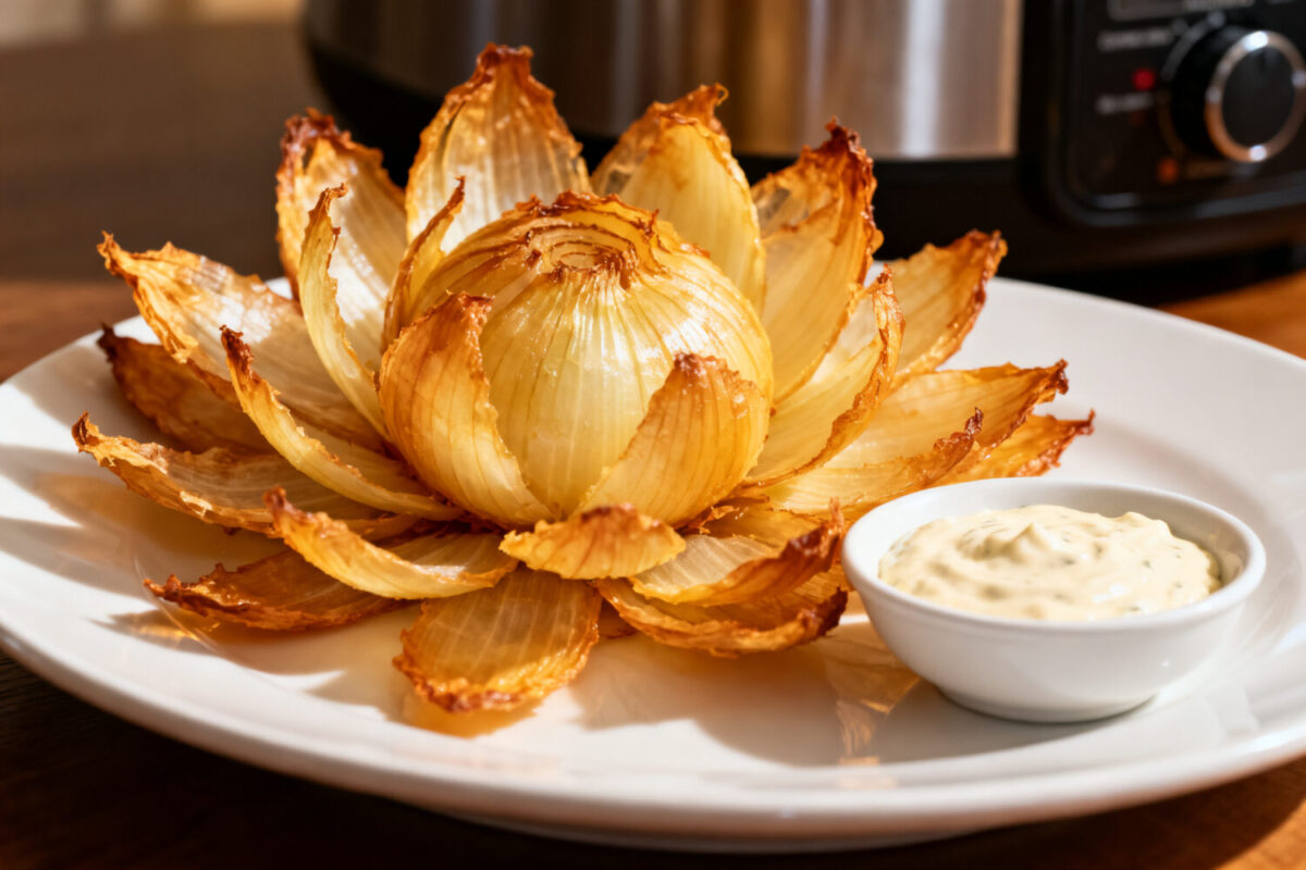 Air fryer homemade blooming onion with crispy golden onion petals, tender center, and a creamy dipping sauce, served as a lighter version of the classic restaurant appetizer.