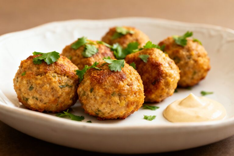 Air fryer healthy meatballs with juicy browned meatballs, fresh parsley garnish, and a creamy dipping sauce, served as a lighter high protein appetizer or weeknight dinner.