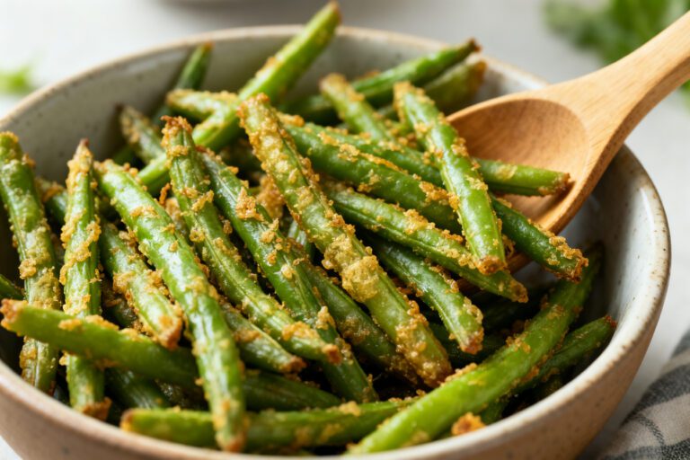 Air fryer keto green beans with tender crisp green beans coated in a savory garlic and parmesan seasoning, served as a quick low carb side dish with a wooden spoon.