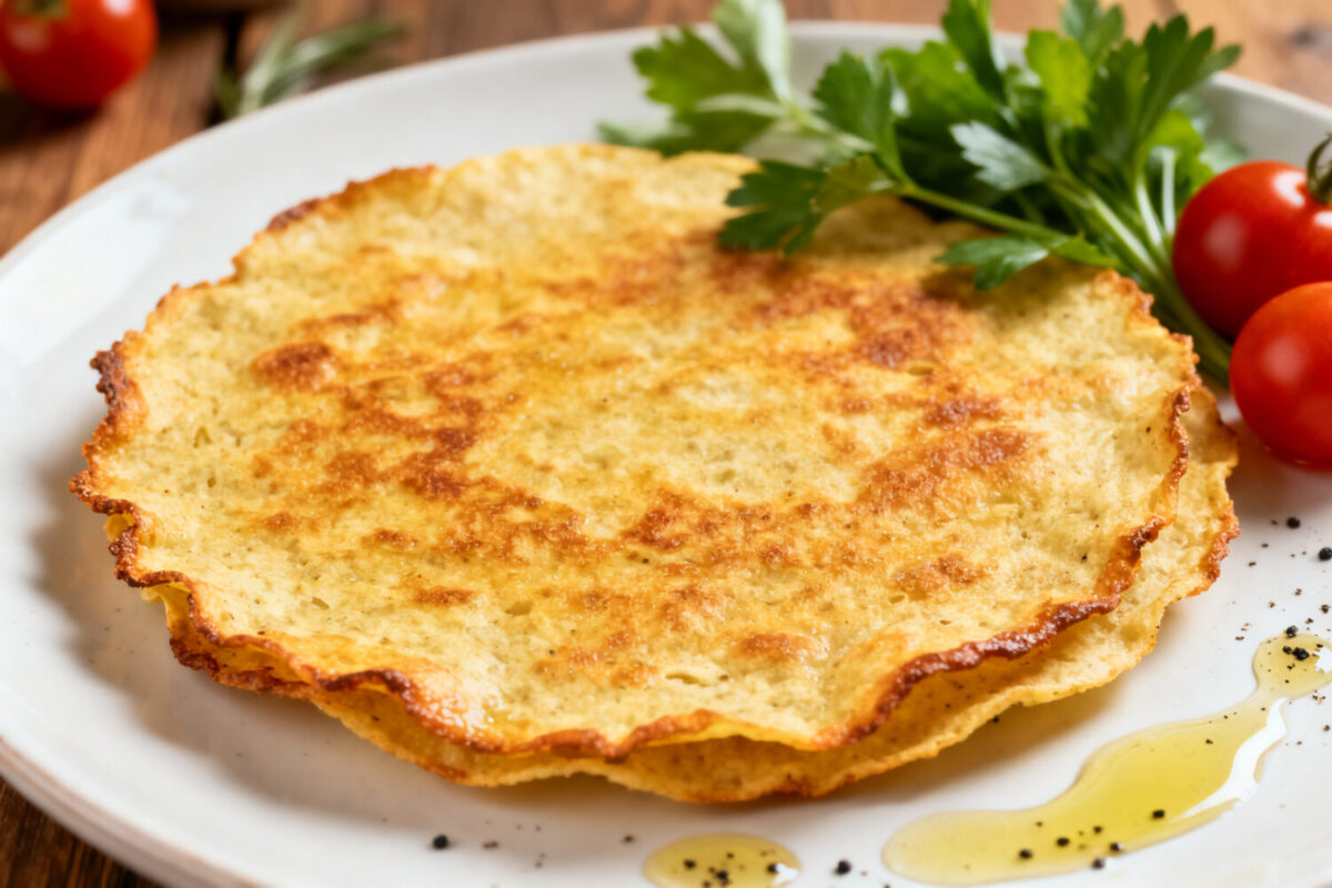 Air fryer low carb tortilla with a crispy golden browned surface, thin crunchy texture, fresh parsley, cherry tomatoes, and a drizzle of olive oil, served as a versatile keto friendly base for wraps or pizzas.