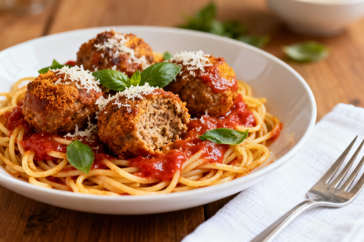 Air fryer spaghetti and meatballs with tender spaghetti, juicy browned meatballs, rich marinara sauce, grated parmesan cheese, and fresh basil, served as a comforting Italian inspired dinner.