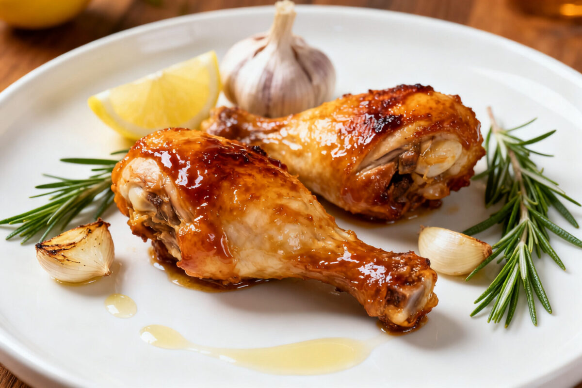 Air fryer keto chicken legs with crispy golden skin, juicy tender meat, fresh rosemary, roasted garlic, and a lemon wedge, served as a flavorful low carb dinner.