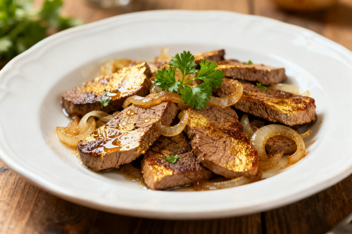 Air fryer liver and onions with tender browned liver slices, caramelized onions, fresh parsley garnish, and rich savory flavor, served as a classic comfort food dinner.