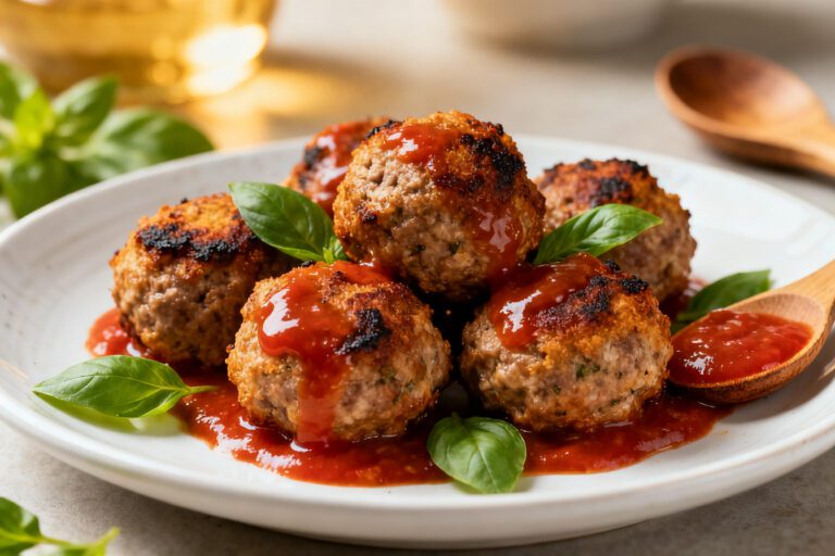 Air fryer Italian sausage meatballs with crispy browned exteriors, juicy sausage centers, rich marinara sauce, and fresh basil leaves, served as a flavorful Italian inspired appetizer or dinner.