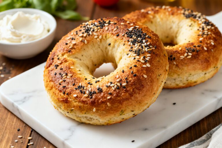 Air fryer keto bagels with a golden browned crust, chewy low carb texture, everything bagel seasoning, and cream cheese, served as a healthy breakfast or snack.