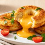 Air fryer low carb bagel bites with golden browned bagels, gooey melted cheese filling, fresh parsley, cherry tomatoes, and herbs, served as a satisfying keto friendly snack or breakfast.
