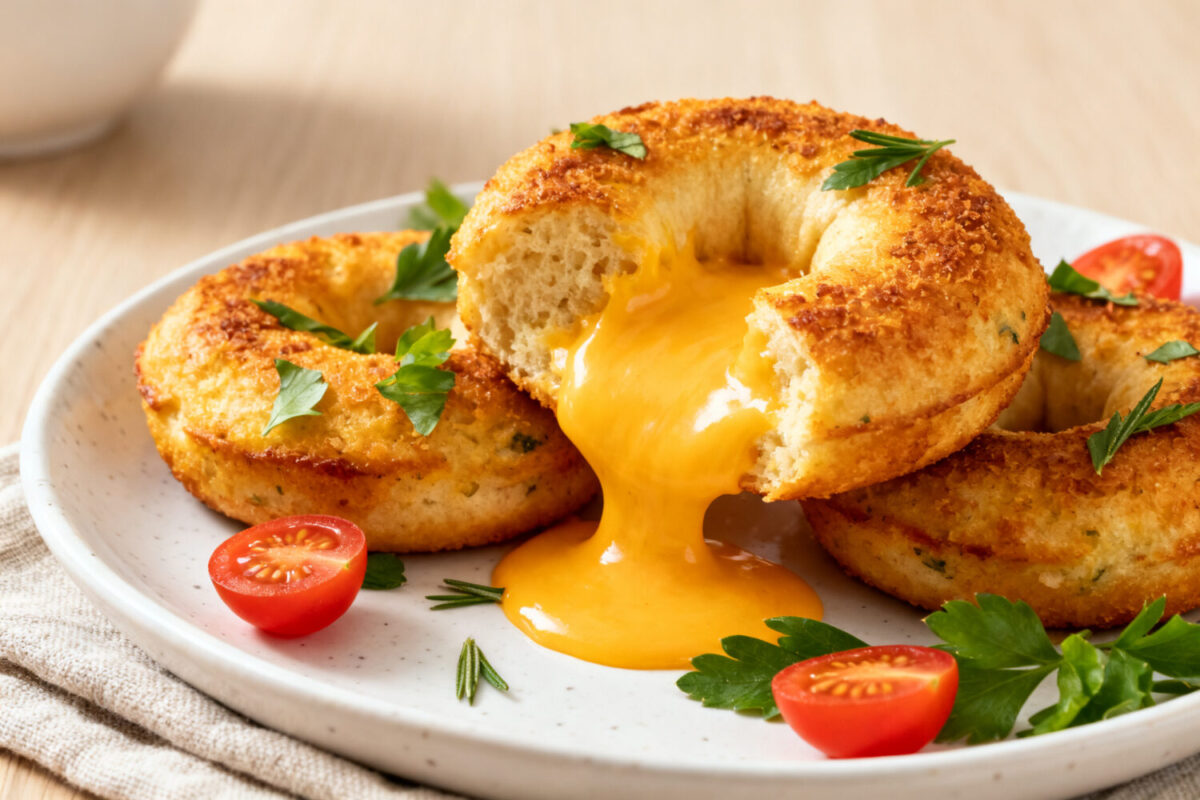 Air fryer low carb bagel bites with golden browned bagels, gooey melted cheese filling, fresh parsley, cherry tomatoes, and herbs, served as a satisfying keto friendly snack or breakfast.