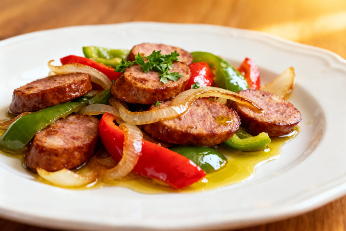 Air fryer sausage, peppers, and onions with juicy sliced sausage, roasted red and green bell peppers, sweet caramelized onions, and fresh parsley, served as a quick and flavorful weeknight meal.
