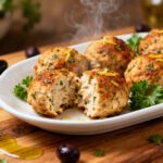 Air fryer Greek chicken meatballs with juicy golden browned meatballs, fresh parsley, lemon zest, olives, and lemon wedges, served as a bright Mediterranean inspired dinner.