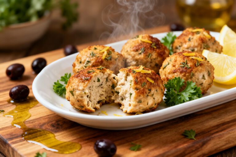 Air fryer Greek chicken meatballs with juicy golden browned meatballs, fresh parsley, lemon zest, olives, and lemon wedges, served as a bright Mediterranean inspired dinner.
