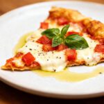 Air fryer low carb tortilla pizza with a crispy thin tortilla crust, melted mozzarella cheese, diced tomatoes, fresh basil, and olive oil, served as a quick keto friendly meal.
