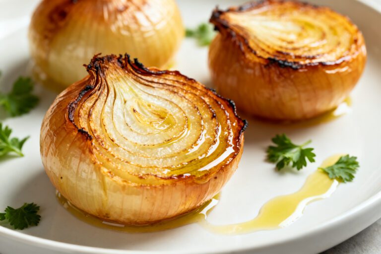 Air fryer baked whole onions with caramelized golden layers, tender sweet centers, fresh parsley, and a drizzle of olive oil, served as a simple and flavorful vegetable side dish.