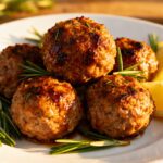 Air fryer carnivore meatballs with juicy browned meatballs, fresh rosemary sprigs, and lemon wedges, served as a simple high protein meal for a carnivore lifestyle.