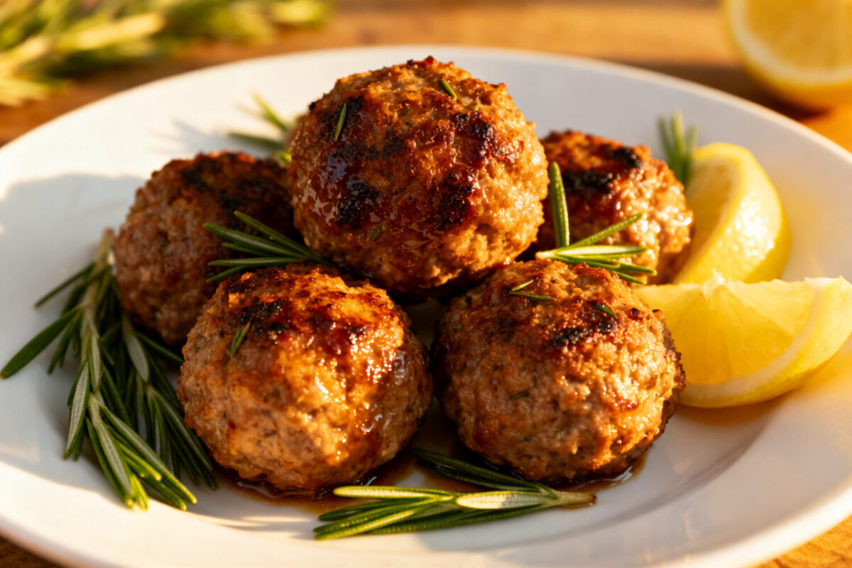 Air fryer carnivore meatballs with juicy browned meatballs, fresh rosemary sprigs, and lemon wedges, served as a simple high protein meal for a carnivore lifestyle.