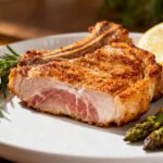 Air fryer keto pork chops with juicy bone in pork chops, a golden seasoned crust, roasted asparagus, fresh rosemary, and a lemon wedge, served as a flavorful low carb dinner.