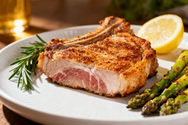 Air fryer keto pork chops with juicy bone in pork chops, a golden seasoned crust, roasted asparagus, fresh rosemary, and a lemon wedge, served as a flavorful low carb dinner.