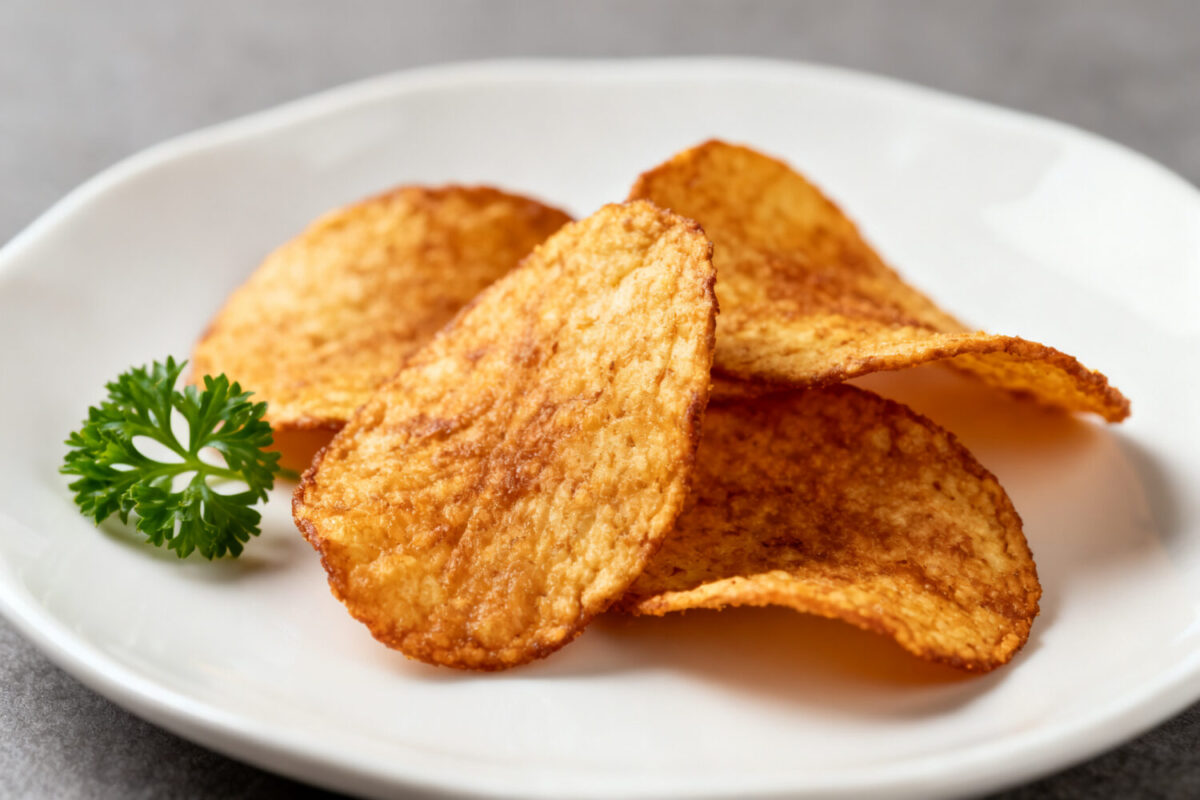 Air fryer low carb chips with crispy golden seasoned chips, lightly browned edges, and fresh parsley garnish, served as a crunchy keto friendly snack.