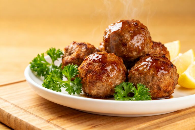 Frozen meatballs cooked in the air fryer with browned crispy exteriors, juicy tender centers, fresh parsley garnish, and lemon wedges, served as a quick and easy appetizer or dinner.