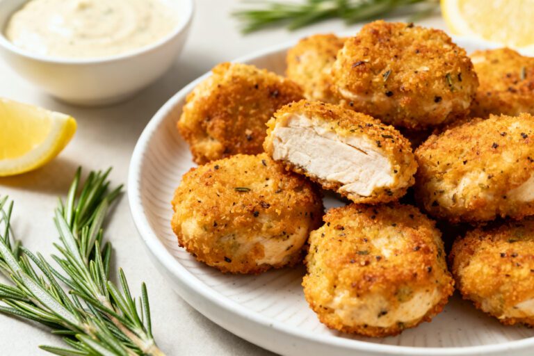 Air fryer keto chicken bites with a crispy golden low carb coating, juicy tender chicken inside, fresh rosemary, lemon wedge, and creamy dipping sauce, served as a high protein keto friendly meal.