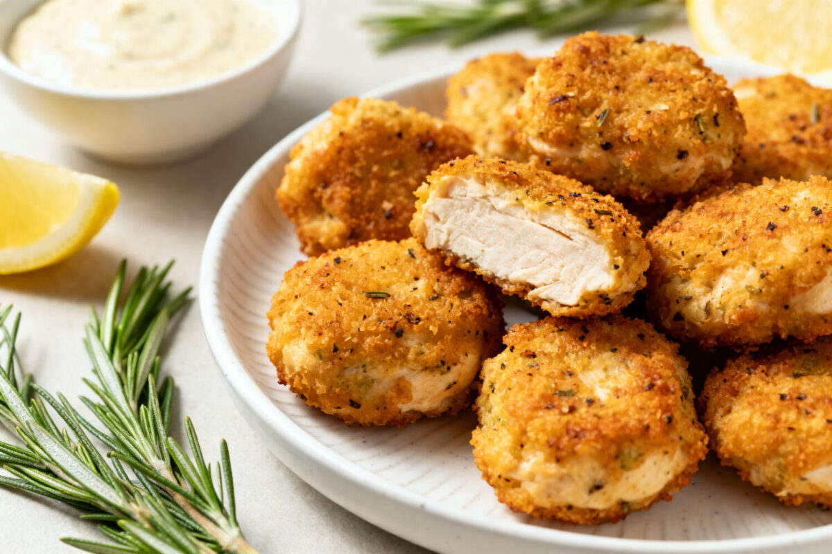 Air fryer keto chicken bites with a crispy golden low carb coating, juicy tender chicken inside, fresh rosemary, lemon wedge, and creamy dipping sauce, served as a high protein keto friendly meal.
