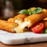 Air fryer low carb mozzarella sticks with a crispy golden coating, gooey melted cheese center, fresh basil leaves, and cherry tomatoes, served as a keto friendly appetizer or snack.