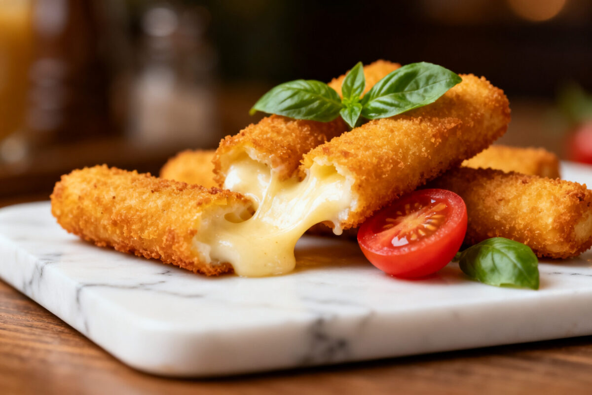 Air fryer low carb mozzarella sticks with a crispy golden coating, gooey melted cheese center, fresh basil leaves, and cherry tomatoes, served as a keto friendly appetizer or snack.
