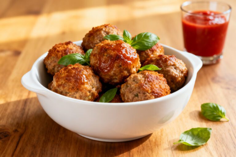 Air fryer homemade meatballs with juicy browned meatballs, rich tomato sauce, fresh basil leaves, and a bowl of marinara, served as a family friendly appetizer or dinner.