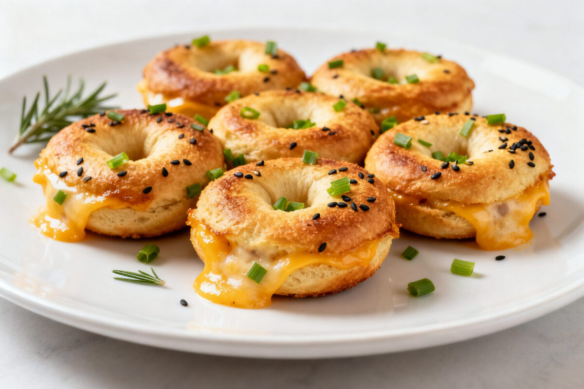 Air fryer keto bagel bites with golden browned mini bagels, gooey melted cheddar cheese, sliced green onions, black sesame seeds, and fresh herbs, served as a low carb breakfast or snack.