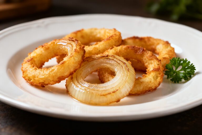 Air fryer low carb onion rings with a crispy golden coating, tender sweet onion centers, and fresh parsley garnish, served as a crunchy keto friendly appetizer or side dish.